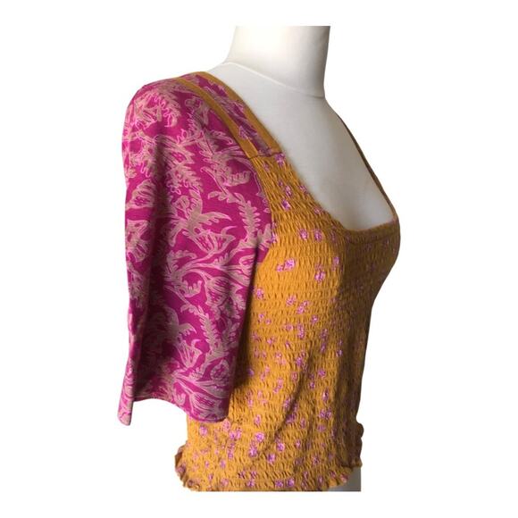 Free People NWT Chic Mix Print Effortless Style Comfort Smocked Golden Combo SM - Picture 6 of 16